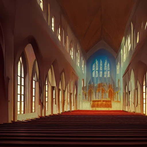 Prompt: the inside of an empty church, sunrise, dramatic lighting, art by hayao miyazaki, studio ghibli film, hi res, 4k, high detail