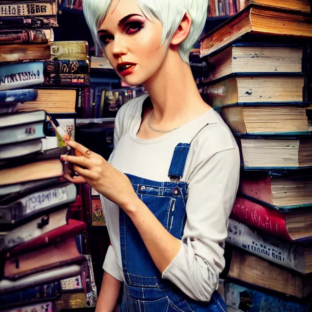 Image similar to full body pose, beautiful adult book fairy, pixar, short white hair shaved sides, dirty, grungy, grunge, long sleeve, painted overalls, stacks of giant books, highly detailed, 4 k, hdr, smooth, sharp focus, high resolution, award - winning photo, artgerm, photorealistic