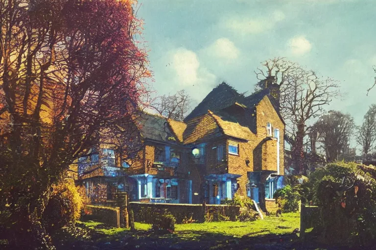 Image similar to cyberpunk, an estate agent listing photo, external view of a 5 bedroom detached countryside house in the UK, it's a sunny day, by Paul Lehr