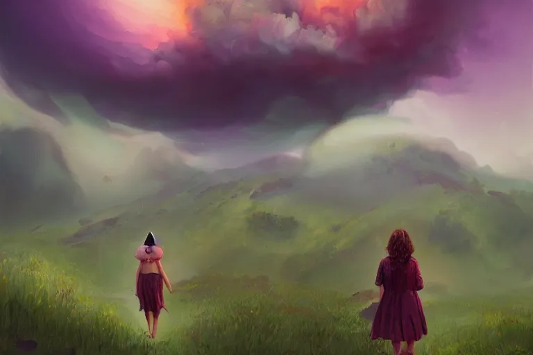 Image similar to giant dahlia flower as a head, girl walking on mountain, surreal photography, stars, dramatic light, impressionist painting, storm clouds, digital painting, artstation, simon stalenhag