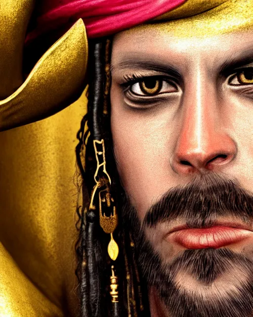 Image similar to realistic portrait of a pirate, dark, gold ornaments, facing camera, photo realistic, detailed, 1 4 5 0, delicate, hyper realism, ultra realistic, 8 k