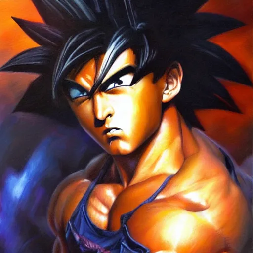 Image similar to detailed portrait of emo goku intricate, hyper detailed, realistic, oil painting, by julie bell, frank frazetta, cinematic lighting