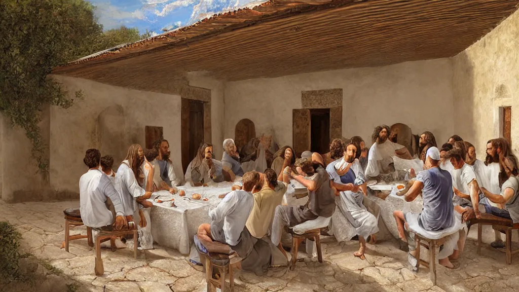 Prompt: soccer players seating in the scene of the last supper, under the porch of a typical portuguese house, with typical alentejo landscape in the back, sunny morning, matte painting, oil canvas, photorealistic illustration, extreme detail, hyper realistic, highly detailed, digital art