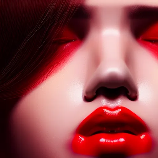 Prompt: hyperrealistic portrait of a women wearing thick red eyeliner with red lipstick, photorealistic, octane render, unreal engine, dynamic lighting, bet face, beautiful, wlop, cute, trending on artstation, fashion photography, volumetric lighting, very detailed faces, 4 k, award winning