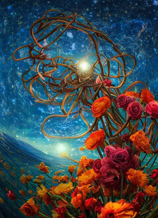 Image similar to An epic fantastic realism comic book style painting of the most beautiful entwined flowers launched across the dark and starry night sky, nebulous bouquets, fisheye lens, unreal 5, DAZ, hyperrealistic, octane render, dynamic lighting