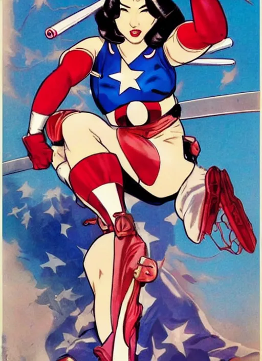 Image similar to asian female captain america. feminist captain america wins ww 2. american ww 2 propaganda poster by masamune shirow, rob liefeld and pixar. gorgeous face. geisha. pin up. overwatch.