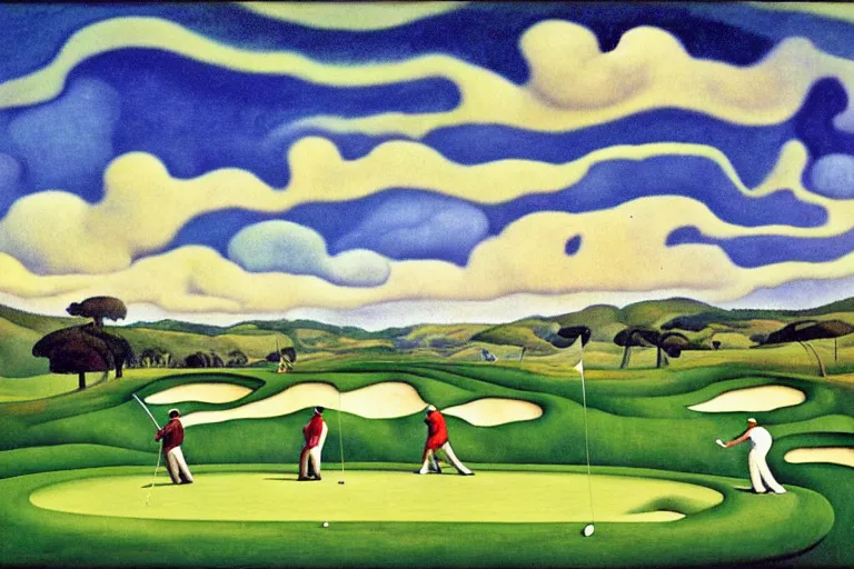 Image similar to Three golfers on a beautiful golf course, wonderous could formations in sky, by Diego Rivera