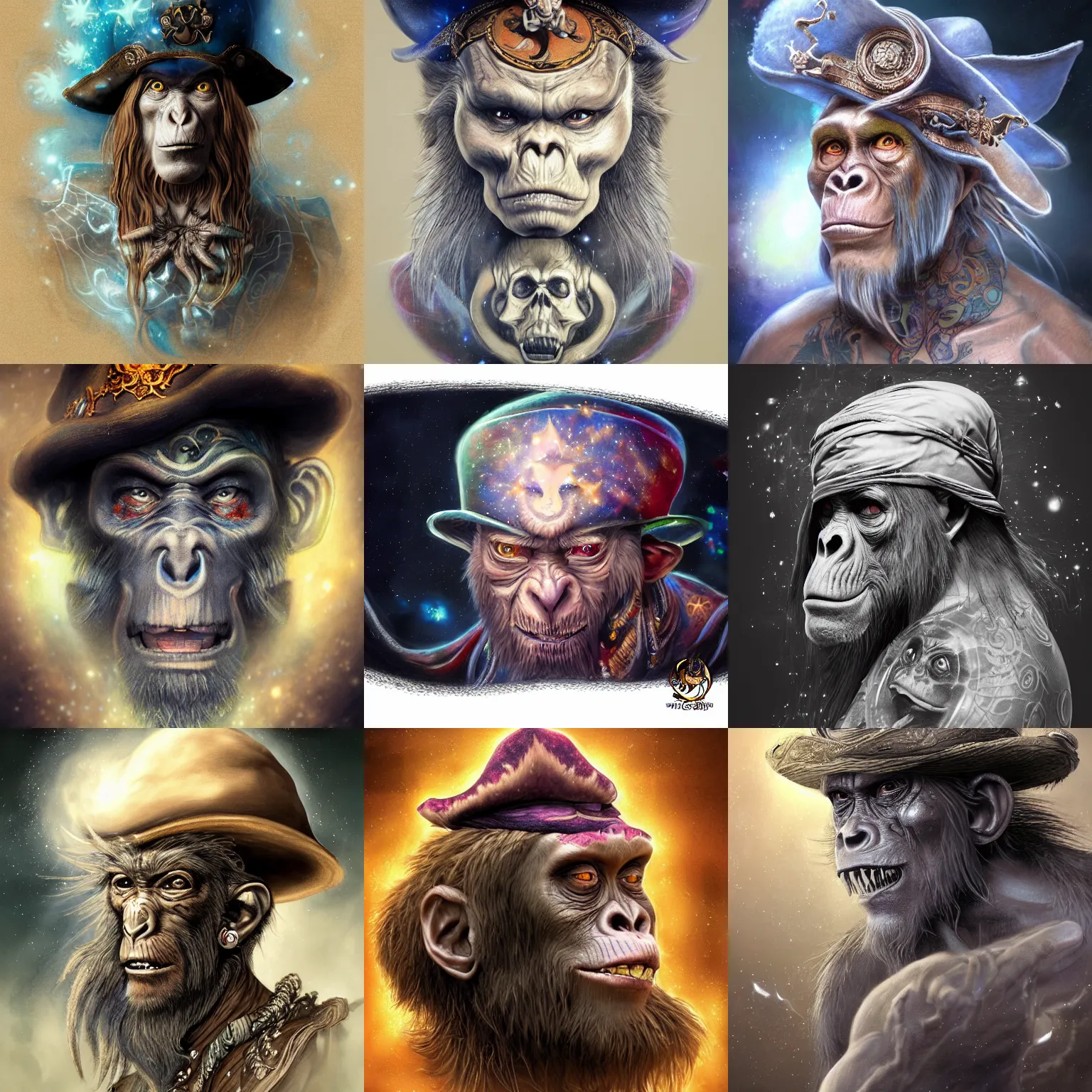 Image similar to a wlop 3 d render of very very very very highly detailed beautiful mystic portrait of a young ghost ape pirate in a hat with whirling galaxy around, tattoos by anton pieck, intricate, extremely detailed, digital painting, artstation, concept art, smooth, sharp focus, illustration, intimidating lighting, incredible art,