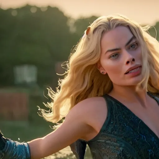 Image similar to hyper realistic action shot of Lux in the movie of Legends played by Margot Robbie, 4k, Carl Zeiss, sigma, Tamron so 85mm, stunning arcanum backdrop, magic, ornate set design, cinematic, lute