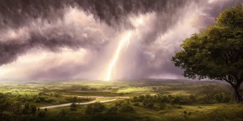 Image similar to A tornado in a beautiful scenic landscape, nature, trees, wide angle, super highly detailed, professional digital painting, artstation, concept art, smooth, sharp focus, no blur, no dof, extreme illustration, Unreal Engine 5, Photorealism, HD quality, 8k resolution, cinema 4d, 3D, beautiful, cinematic, art by artgerm and greg rutkowski and alphonse mucha and loish and WLOP