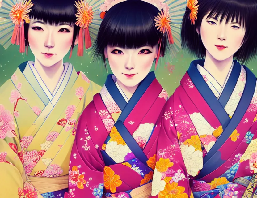 Image similar to two beautiful charming japan girls wear arty kimono in festival | | sunny night, full moon, dreamlike art, realistic shaded, smile, good looking, hyper details, 4 k realistic, cryengine, realistic shaded lighting poster by ilya kuvshinov, fuji choko, ross tran, 8 k resolution, trending on artstation, luxury