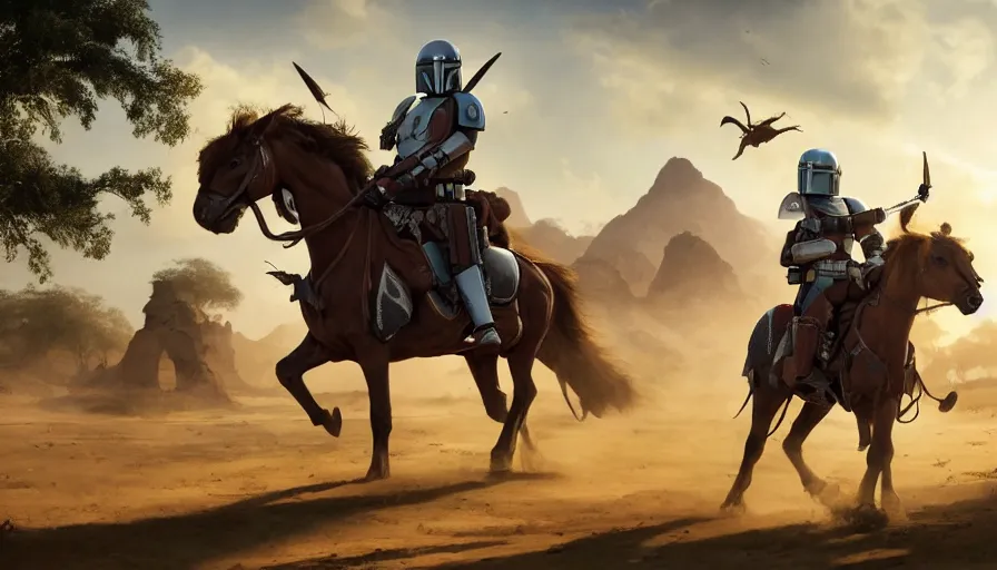 Image similar to mandalorian riding a horse alone, madagascar with baobabs trees in the background, tribe members chasing for an attack, action scene, an epic fantasy, artgerm and greg rutkowski and alphonse mucha, an epic fantasy, volumetric light, detailed, establishing shot, cinematic, photorealistic, trending on art station, octane render, midsommar