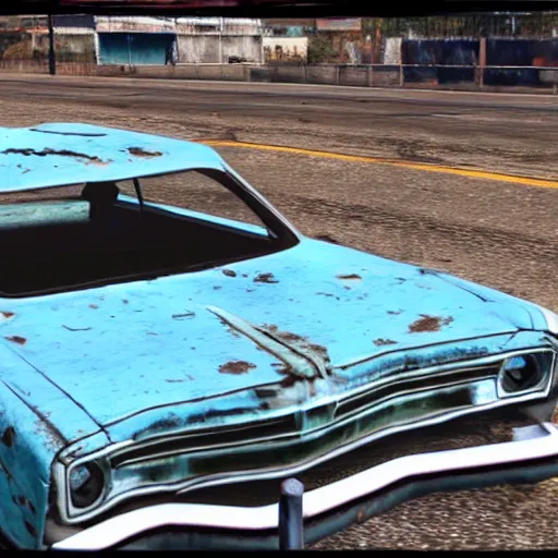 Prompt: A screenshot of a rusty, worn out, broken down, decrepit, run down, dingy, faded, chipped paint, tattered, beater 1976 Denim Blue Dodge Aspen in GTA V--steps 150