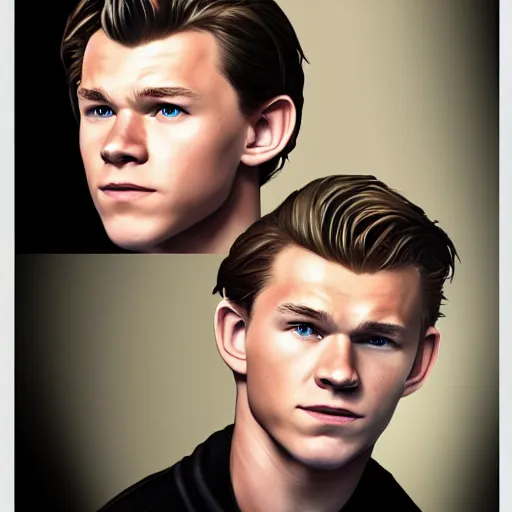 Image similar to Tom Holland and Chris Hemsworth crossbreed, illustrated and rendered by Xie Boli, trending on artstation, 4k, 8k, photorealistic imagery, photorealistic details, intricate, highly detailed