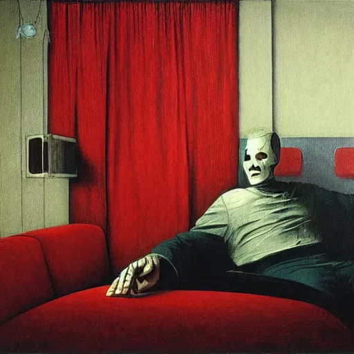 Image similar to michael myers sitting in a red sofa in an art deco living room, award - winning realistic sci - fi concept art by beksinski, bruegel, greg rutkowski, alphonse mucha, and yoshitaka amano