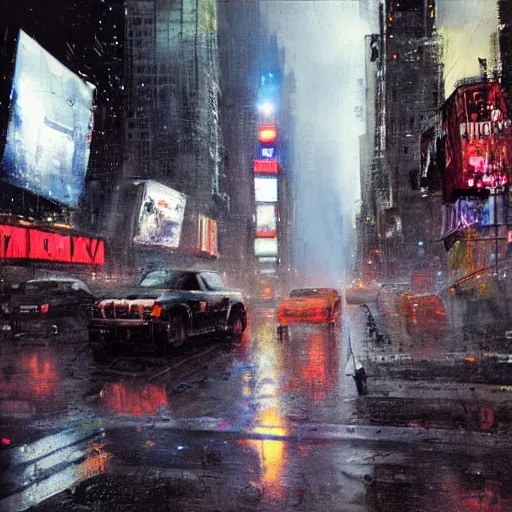 Image similar to spaceship in times square, nyc, night, wet pavement, by jeremy mann, chris foss, jeremy mann