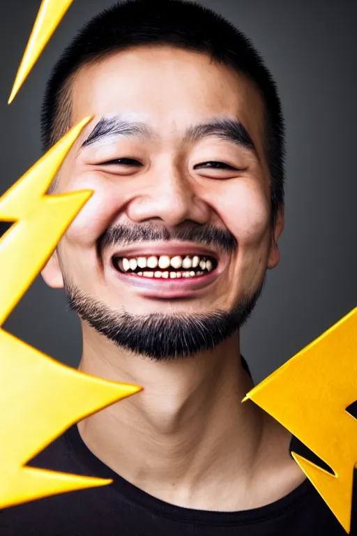 Image similar to portrait of asian hacker grinning with gold teeth and a lightning bolt face tattoo