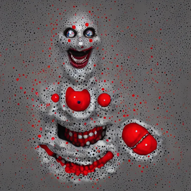 Image similar to trypophobia and coulrophobia incarnate, the anthropomorphic personification of a fear of clowns made of countless holes, digital painting, trending on artstation, 8 k wallpaper