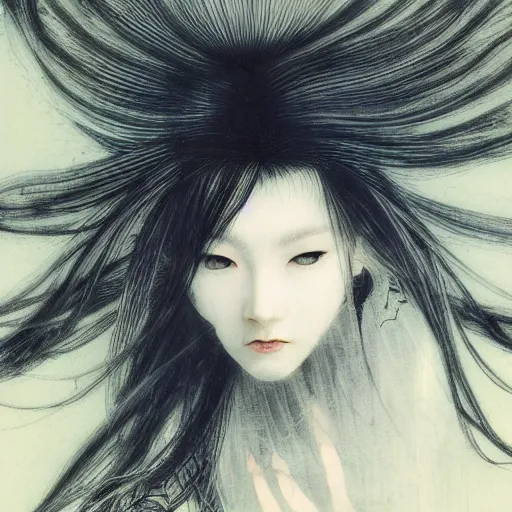 Image similar to yoshitaka amano blurred and dreamy illustration of a japanese woman with black eyes, wavy white hair fluttering in the wind wearing elden ring armor with engraving, abstract patterns in the background, noisy film grain effect, highly detailed, renaissance oil painting, weird portrait angle, blurred lost edges, three quarter view