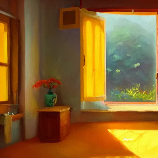 Prompt: happy morning and the rays of the morning sun shining through the window of the village house clear sky, warm colors, silent mood, oil painting, high detail, trending on artstation