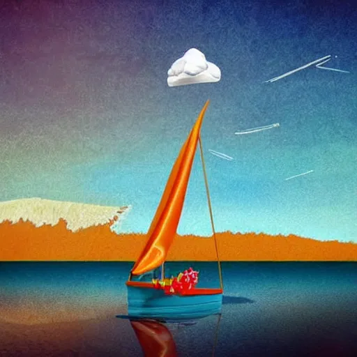 Prompt: graham cracker sailboat floats in a sea of hot chocolate, marshmallow cloud in sky above, abstract environment, award winning art, epic dreamlike fantasy landscape, ultra realistic,