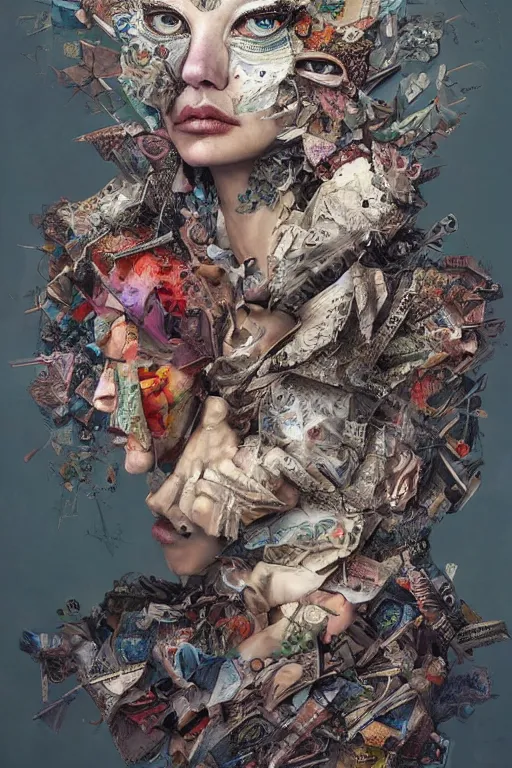 Prompt: A detailed maximalist portrait with large eyes, exasperated expression with an existential dread of love, mixed media torn paper collage, highly detailed and intricate illustration, high fashion, in the style of Ryohei Hase