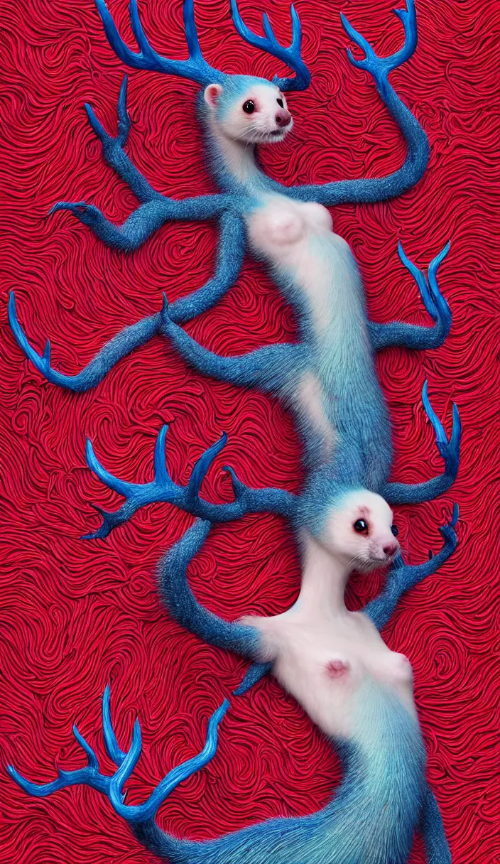 Image similar to hyper detailed 3d render like a Oil painting - kawaii full body portrait Aurora (a lithe beautiful ferret queen like skesis that looks like Anya Taylor-Joy with hooves and antlers) seen red carpet photoshoot in UVIVF posing in scaly dress to Eat of the Strangling network of yellowcake aerochrome and milky Fruit and His delicate Hands hold of gossamer polyp blossoms bring iridescent fungal flowers whose spores black the foolish stars by Jacek Yerka, Ilya Kuvshinov, Mariusz Lewandowski, Houdini algorithmic generative render, Abstract brush strokes, Masterpiece, Edward Hopper and James Gilleard, Zdzislaw Beksinski, Mark Ryden, Wolfgang Lettl, hints of Yayoi Kasuma, octane render, 8k