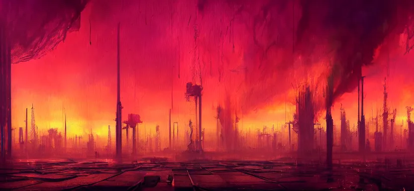 Prompt: beautiful masterpiece painting of a dystopian city in a future radioactive glowing swamp, biofuel oilfields burning extraction rig, by Remedios Varo and Anato Finnstark and Greg Rutkowski, dayglo pink, dayglo blue, by Craig Mullins, ilya kuvshinov, krenz cushart, artgerm, 8k, trending on ArtStation