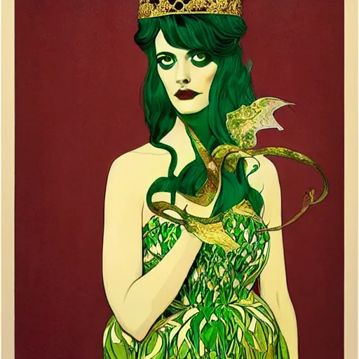 Image similar to portrait by joshua middleton of the young actress, eva green as queen of the emerald dead, vamp, elegant, decadent, stylised comic art, klimt, mucha, 1 9 7 0 s poster,