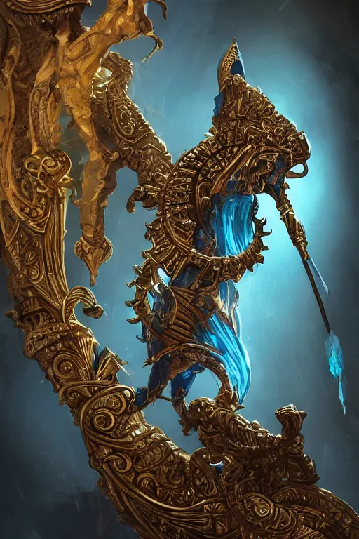 Prompt: fantasy greg rutkowski digital painting of an ornate and royal egyptian old twisted organic ornate engraved with gold wooden staff weapon with a radiant blue crystal on top tip hovering, unreal engine, hyper realism, realistic shading, cinematic composition, blender render, octane render, hdr, detailed textures, photorealistic, 3 5 mm film