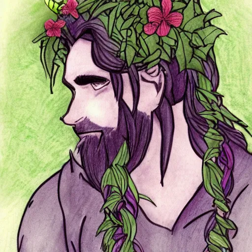 Image similar to male firbolg druid with vines and hibiscus flowers as hair simple drawing, comic style