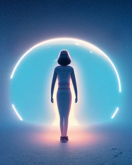 Image similar to a person standing in front of a glowy open door that's on a barren moon, poster art by mike winkelmann, trending on cg society, space art, sci - fi, ue 5, futuristic, volumetric lighting