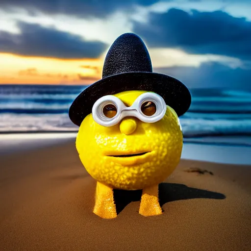 Image similar to 5 0 mm photograph, of a real anthropomorphic lemon character, with lemon skin texture, it is wearing a hat and scuba diving, building a sandcastle on the beach at sunset, beach, huge waves, sun, clouds, tropical trees, rim light, cinematic photography, professional, sand, sandcastle, volumetric lightening