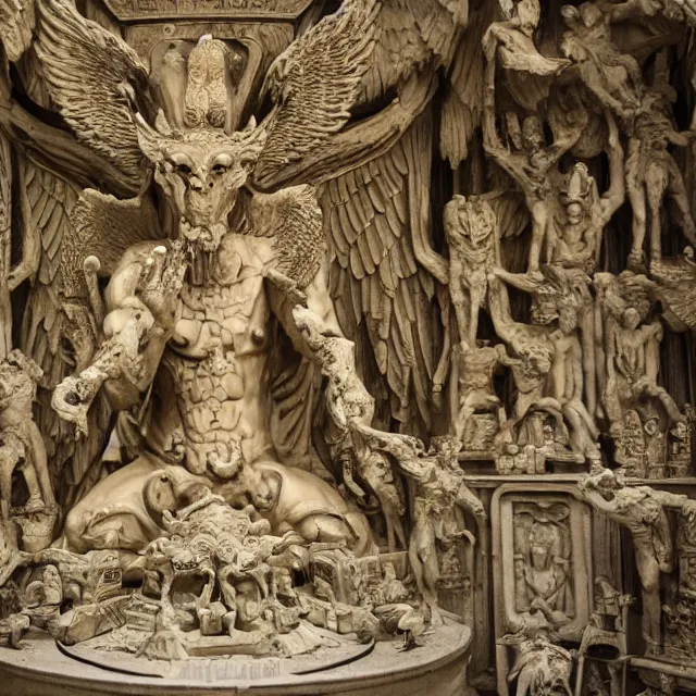 Prompt: temple made of flesh, baphomet statue at the center, angel statues, 8 0's horror movie film still, highly detailed, symmetry, award - winning photography, 1 2 0 mm