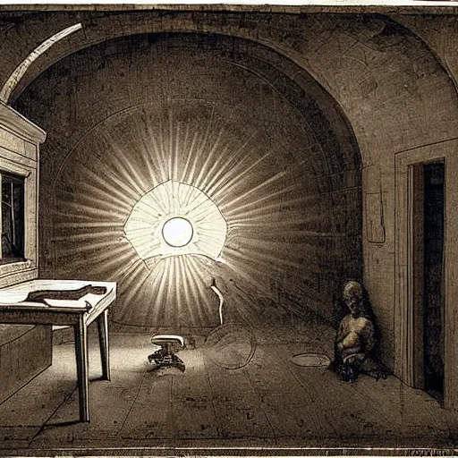 Image similar to invention designed by da vinci inside a room lit by sun