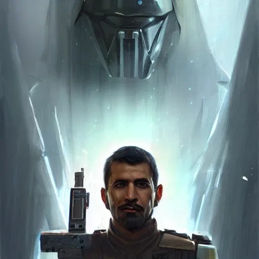 Image similar to portrait of a man by greg rutkowski, a jedi commander, arabian features and olive skin, long black hair, wise appearance, wearing the tactical gear of the galactic alliance, star wars expanded universe, he is about 4 0 years old, highly detailed portrait, digital painting, artstation, concept art, smooth, sharp foccus ilustration, artstation hq