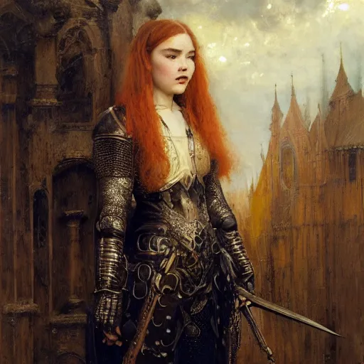 Image similar to young redheaded florence pugh, wearing dark black ornamented medieval armour, detailed, by gaston bussiere, bayard wu, greg rutkowski, giger, maxim verehin, greg rutkowski, masterpiece, sharp focus,