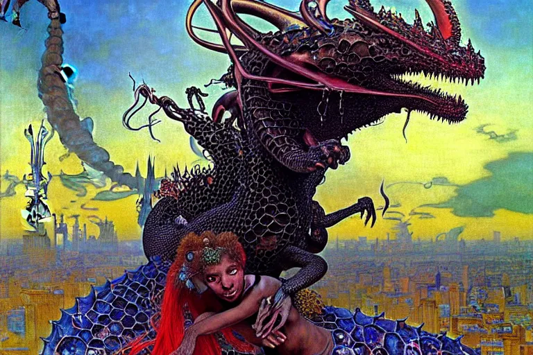 Image similar to realistic extremely detailed closeup portrait painting of a beautiful black woman riding a mutant dragon, dystopian city on background by Jean Delville, Amano, Yves Tanguy, Ilya Repin, Alphonse Mucha, Ernst Haeckel, Edward Robert Hughes, Roger Dean, heavy metal 1981, rich moody colours