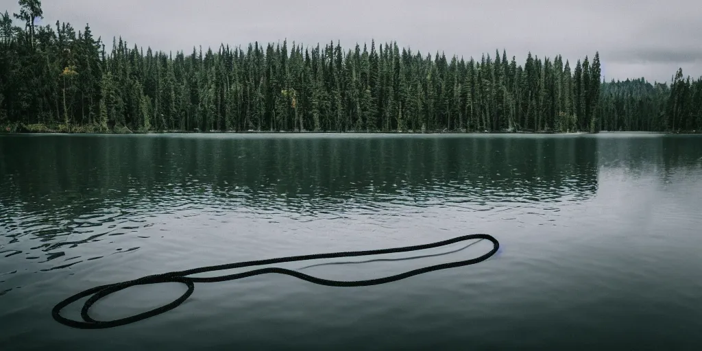 Image similar to centered photograph of a long rope snaking across the surface of the water, thick rope stretching out towards the center of the lake, a dark lake on a cloudy day, color film, trees in the background, hyper - detailed photo, anamorphic lens