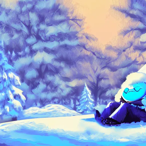 Image similar to Sans from undertale napping under a tree in the snow, digital art