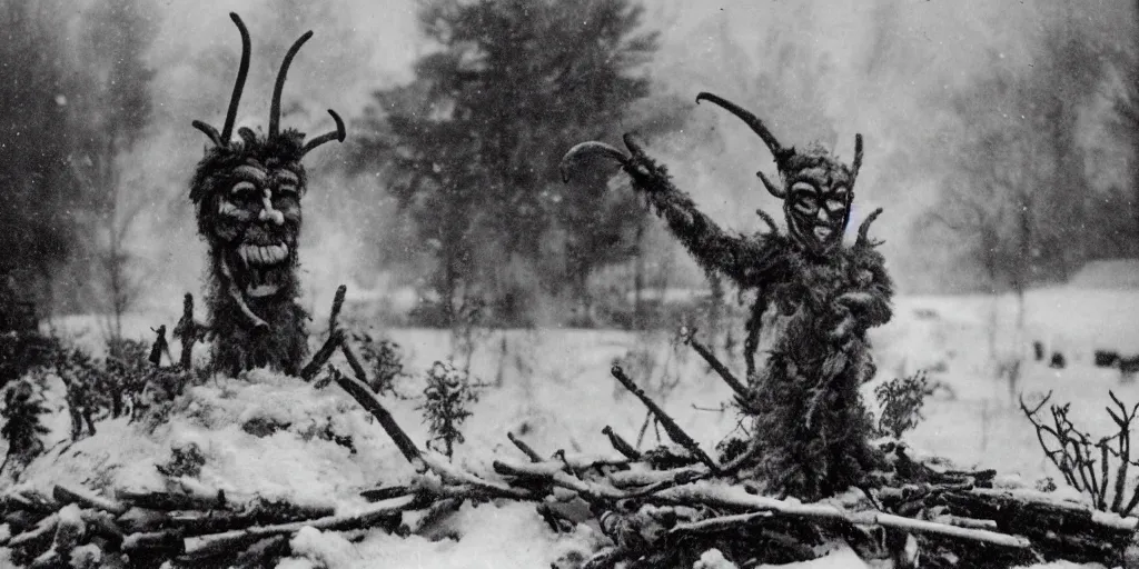 Image similar to 1 9 2 0 s photography of krampus hay monster burning on a pyre, submerged in snow