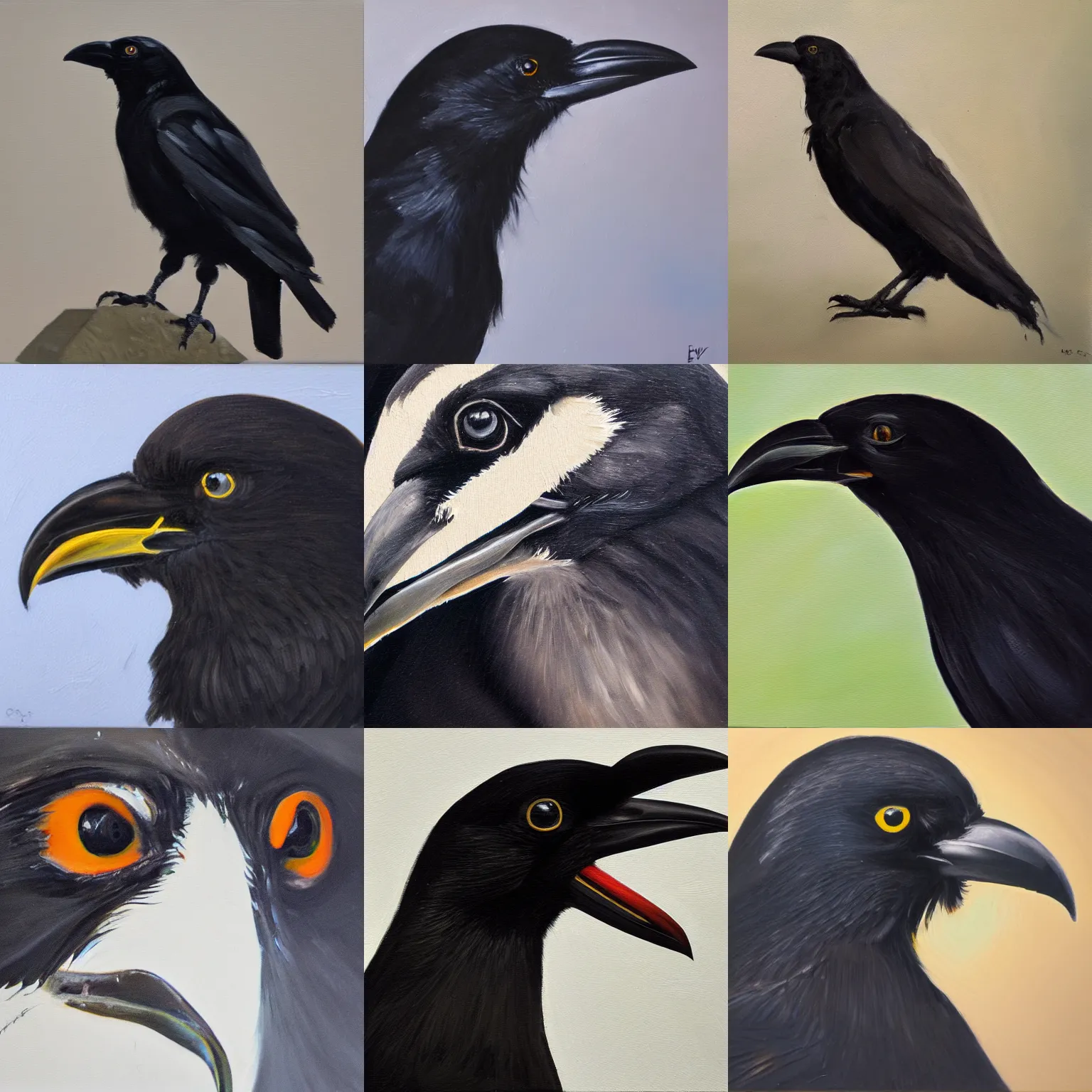 Image similar to closeup of a crow, oil paint