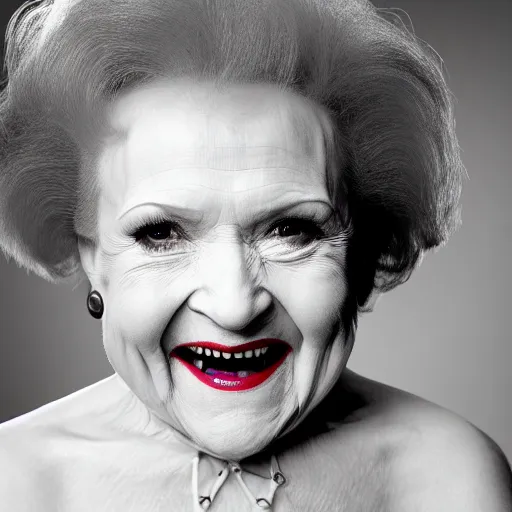 Prompt: symmetrical, close up face portrait of vampire betty white, evil grin, studio lighting, depth of field, photography, black and white, highly detailed