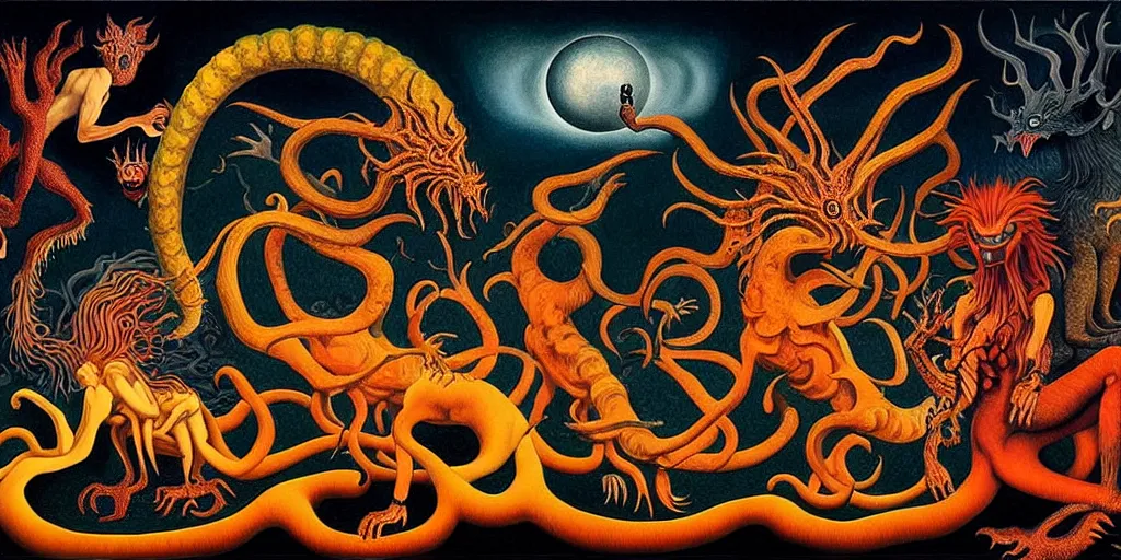 Image similar to fiery wild creatures and monsters in the imaginal realm of the collective unconscious, in a dark surreal painting by johfra, mc escher and ronny khalil