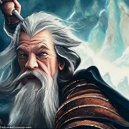 Image similar to Selfie taken by an overconfident Gandalf the Grey on the Bridge of Khazad Dum, a balrog looming in the background,