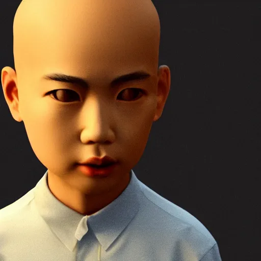 Prompt: dramatic portrait of chinese boy buzz cut, low poly 3 d render