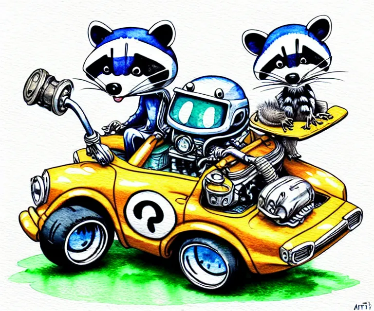 Image similar to cute and funny, racoon wearing a helmet riding in a tiny hot rod with oversized engine, ratfink style by ed roth, centered award winning watercolor pen illustration, isometric illustration by chihiro iwasaki, edited by range murata, tiny details by artgerm and watercolor girl, symmetrically isometrically centered, hyperfocused