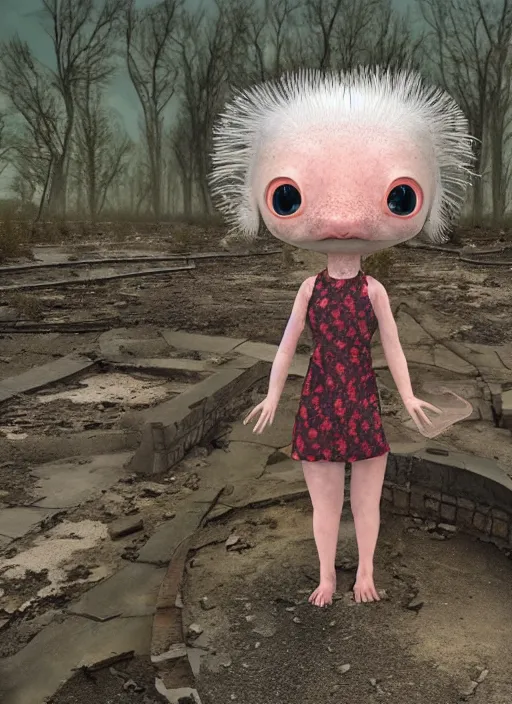 Image similar to humanistic anthropomorphic female axolotl exploring the ruins of chernobyl wasteland, front face