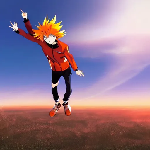 Image similar to orange - haired anime boy, 1 7 - year - old anime boy with wild spiky hair, wearing red jacket, flying through sky, ultra - high jump, late evening, blue hour, cirrus clouds, pearly sky, ultra - realistic, sharp details, subsurface scattering, blue sunshine, intricate details, hd anime, 2 0 1 9 anime