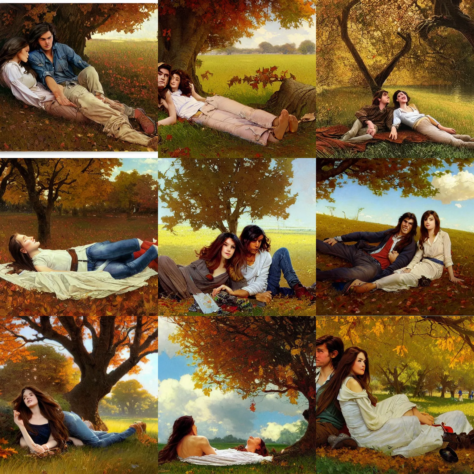 Prompt: young man and woman with long brown hair, laying under a tree looking at clouds autumn, ( ( ( wearing jeans ) ) ), by stanley artgerm lau, greg rutkowski, thomas kindkade, alphonse mucha, loish, norman rockwell